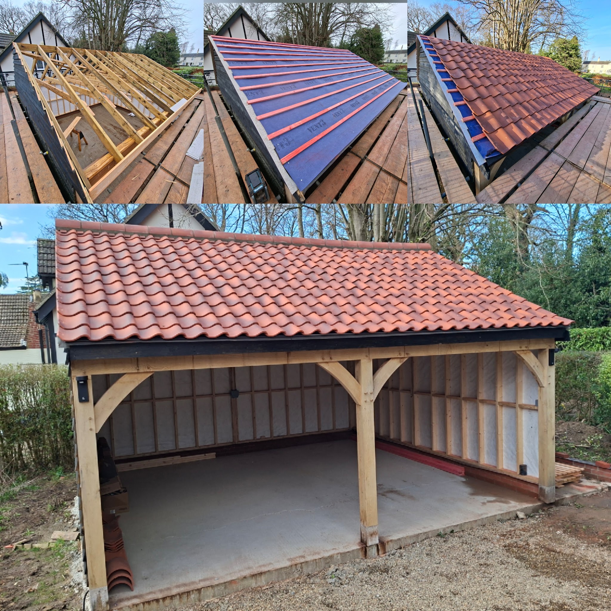 The garage roof from battens to finished clay tiles, and the finished oak-framed double garage