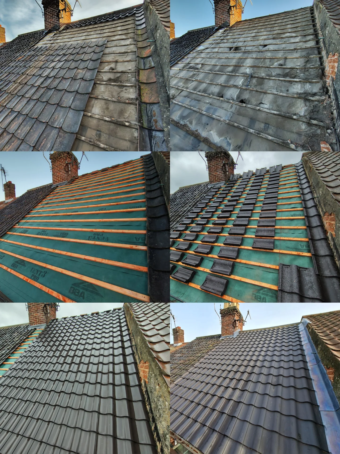 Six photos of a terraced house roof: the old mixed tiles, the new battens and membrane, and the finished clay pan tiles