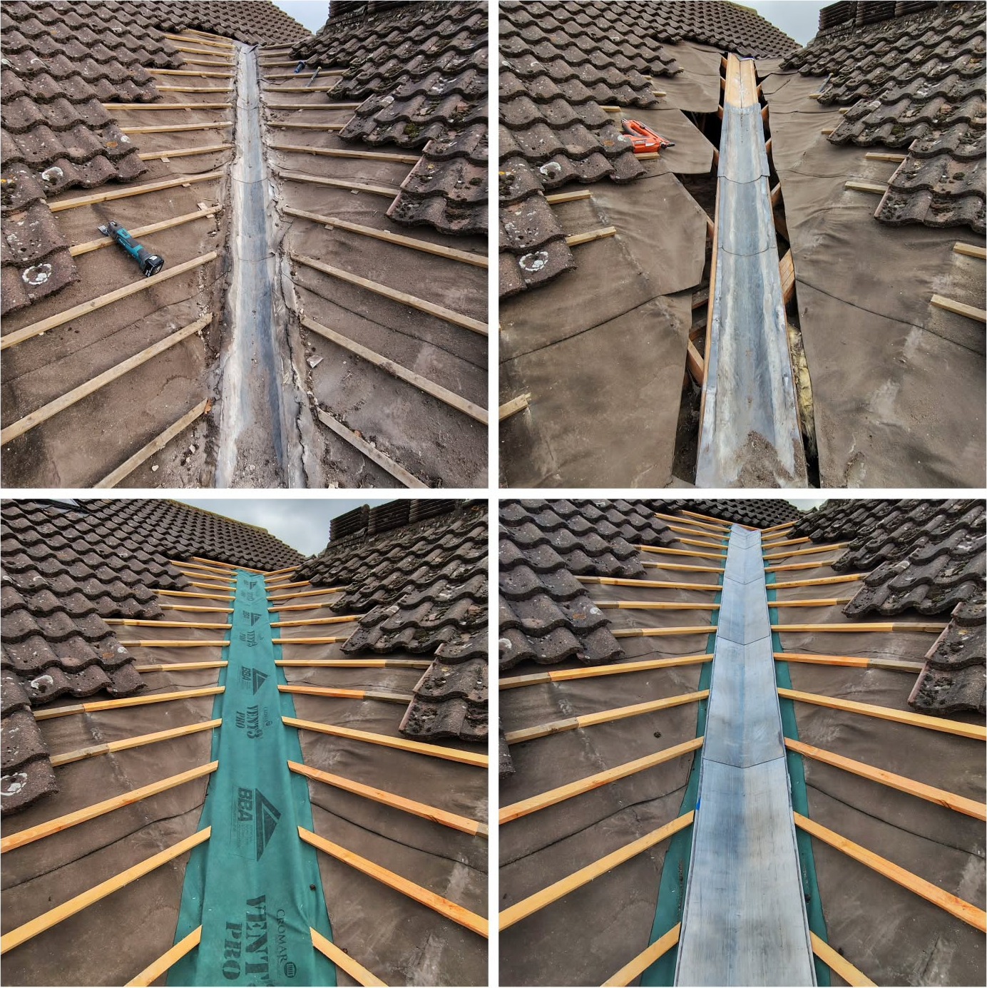 Four photos of a lead valley: the old bodged valley, and the new lead valley with battens and felt